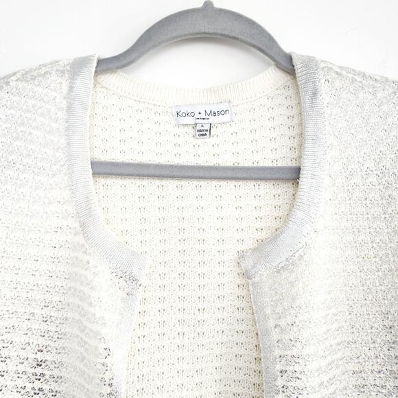 Koko + Mason Metallic Silver & White Knit Open Cardigan with Pockets Size Large - Picture 6 of 7